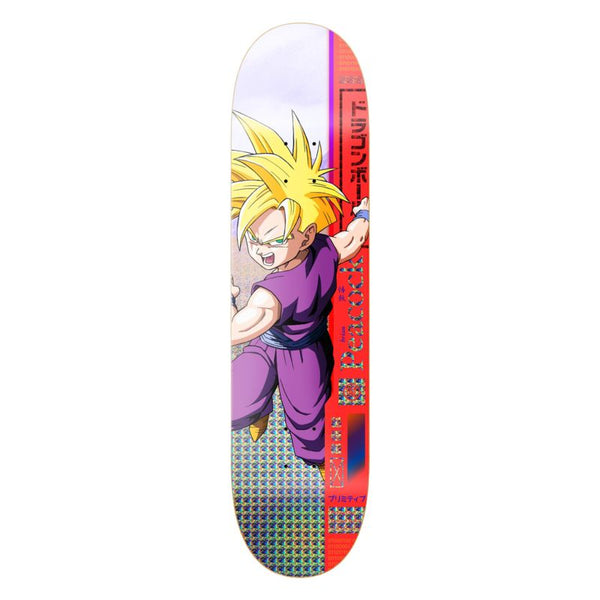 PRE-ORDER!! PRIMITIVE X DRAGONBALL Z BRIAN PEACOCK GOHAN skateboard deck by PRIMITIVE, featuring Gohan in a purple outfit with Japanese text and a red patterned background. Orders ship May 1st per our pre-order policy.