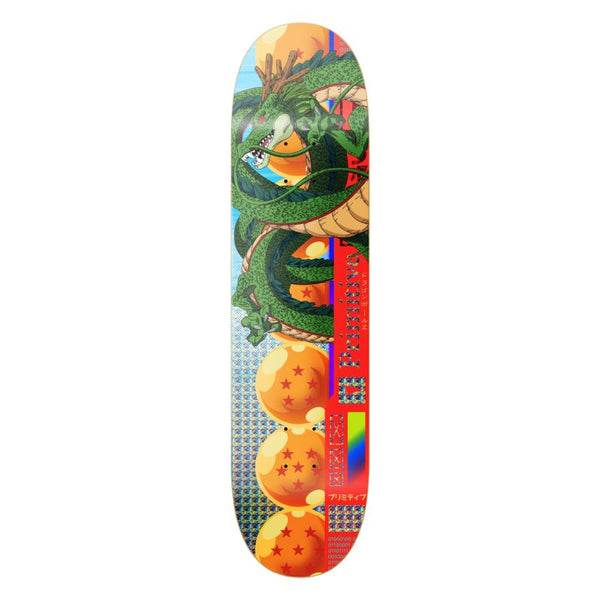 The PRIMITIVE X DRAGONBALL Z SHENRON TEAM skateboard deck features Shenron coiled around orange Dragon Balls with stars, vibrant geometric patterns, and Japanese text.