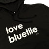 A black BLUETILE LOVE BLUETILE HOODIE with the words love bluette on it from Bluetile Skateboards.