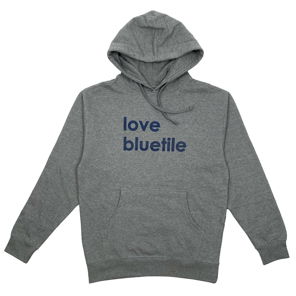 A BLUETILE LOVE BLUETILE HOODIE GREY with the brand name Bluetile Skateboards on it.