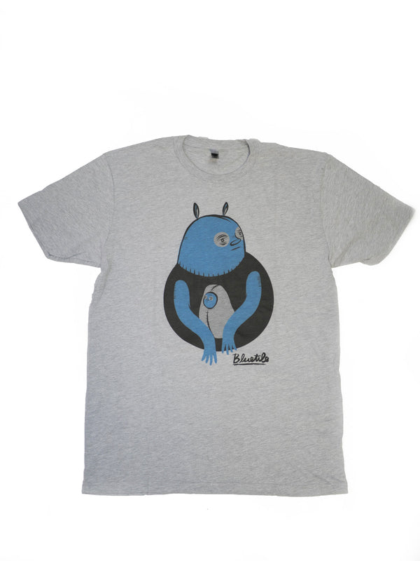 A BLUETILE BABY BLUE T-SHIRT HEATHER GREY with a blue monster on it from Bluetile Skateboards.
