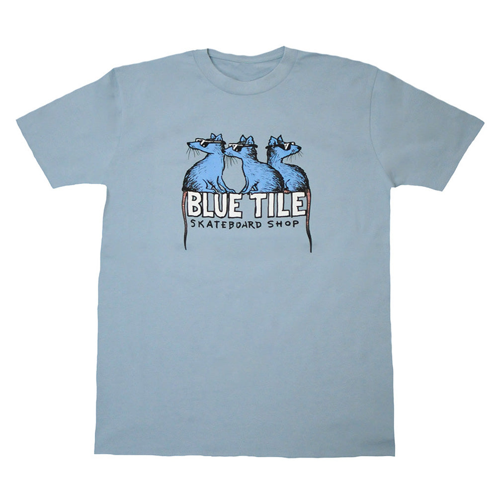 The Bluetile Skateboards BLUETILE SKATE RATS TEE PALE BLUE features a pale blue t-shirt with two mice on it.