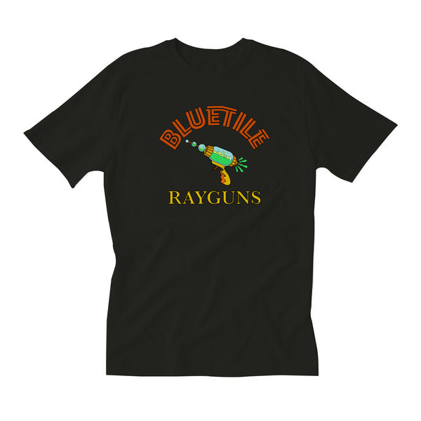 A Bluetile Skateboards BLUETILE RAYGUN GRAPHIC T-SHIRT BLACK printed T-shirt.