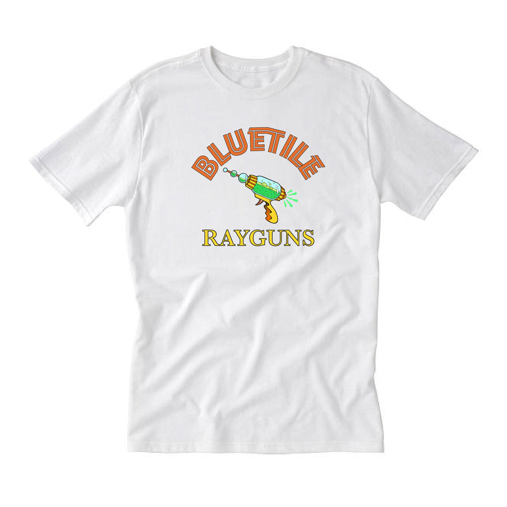 A BLUETILE RAYGUN GRAPHIC T-SHIRT WHITE that says "bluetie rayguns" on a white background by Bluetile Skateboards.