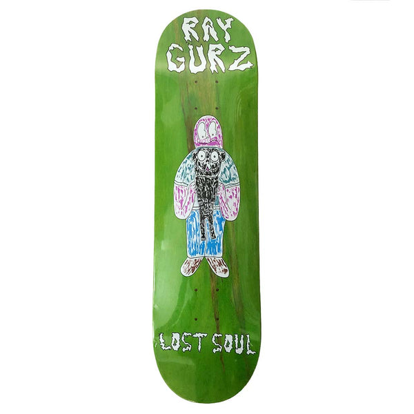 The LOST SOUL RAY GURZ KODA wooden skateboard deck from Lost Soul Skateboards boasts a yellowish finish and showcases the words "Lost Soul" printed in stylized white letters, further enhanced by KODAVARIOUS STAINS for a distinctive appearance.
