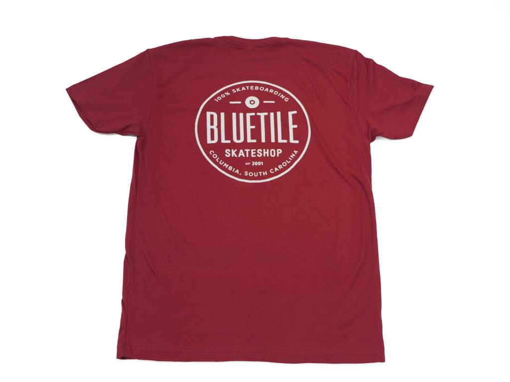 A BLUETILE SINCE 2001 SHIRT - GARNET / WHITE with a white logo design on it from Bluetile Skateboards.