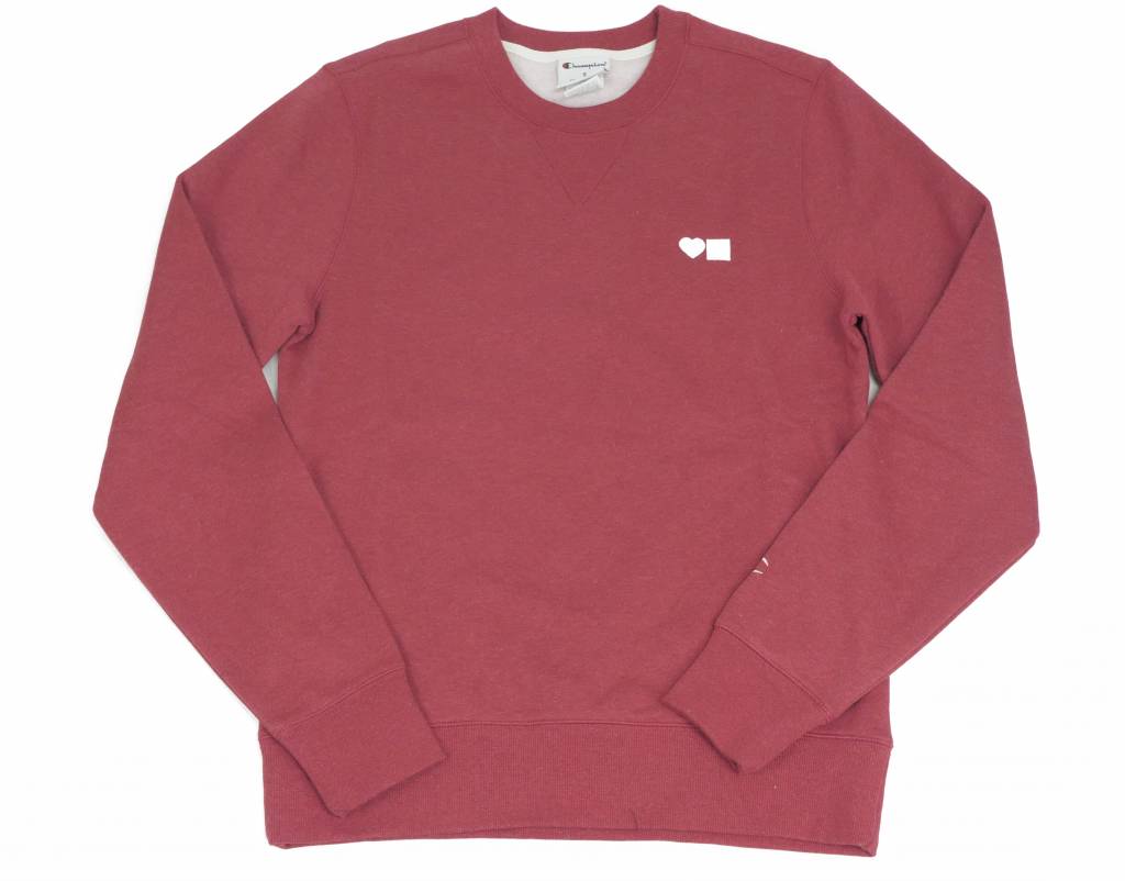 A BLUETILE LOVE CHAMPION CREWNECK RED sweatshirt with a white logo on it from Bluetile Skateboards.