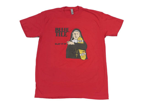 A BLUETILE SLAP IT IN T-SHIRT RED with an image of a nun holding a skateboard from Bluetile Skateboards.