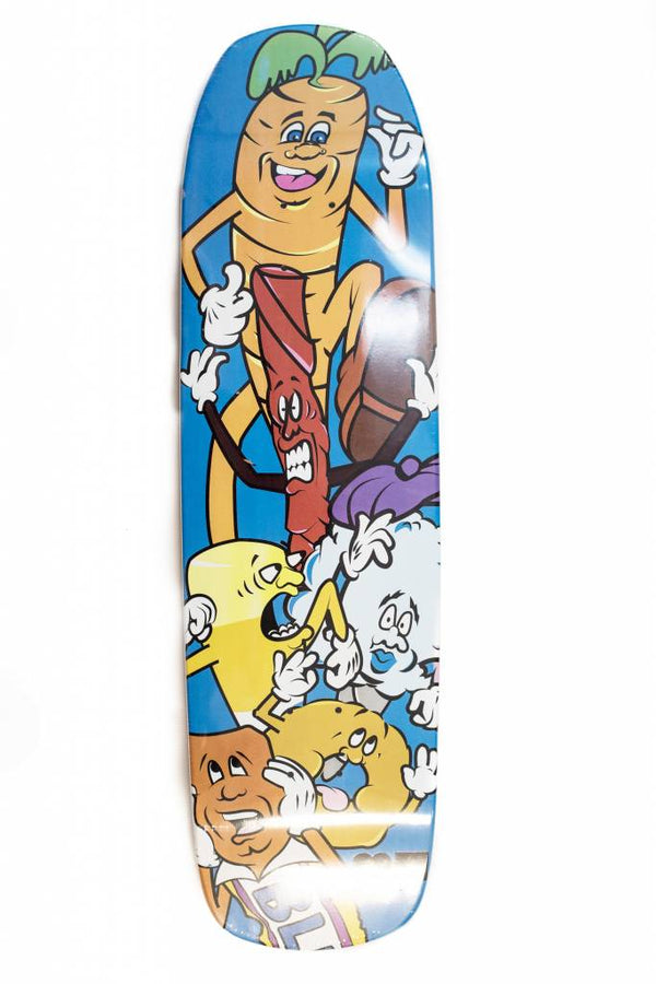 A skateboard with Bluetile Carrots Revenge Switchblade Shape 8.5, Bluetile Skateboards' iconic cartoon characters on it.
