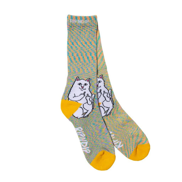 A pair of RIP N DIP LORD NERMAL SOCKS GOLD RAINBOW OSFM with cat illustrations, yellow toe sections, and OSFM.