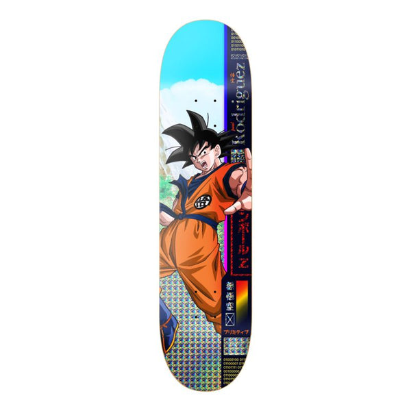 The PRIMITIVE X DRAGONBALL Z PAUL RODRIGUEZ GOKU skateboard deck features Goku in his orange outfit with Japanese text and vibrant graphics. Available in various sizes from PRIMITIVE.