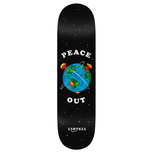 The REAL LINTELL CROSS STITCH is a black 8.25" skateboard deck by REAL, featuring Earth, three exploding mushrooms, "PEACE OUT," "LINTELL," and stars for a unique cosmic vibe.