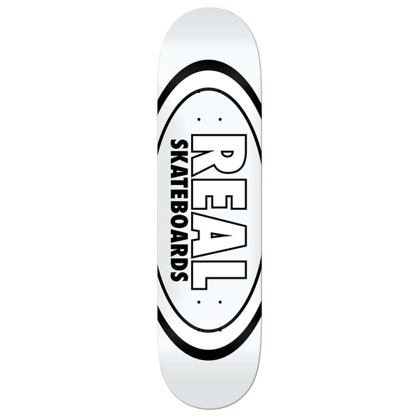 A white skateboard deck with a white and black real oval logo.
