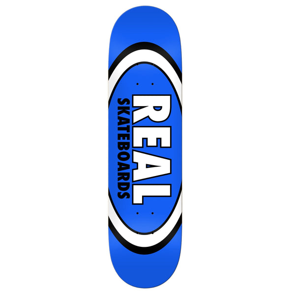 A blue skateboard deck with a white and black real oval logo.
