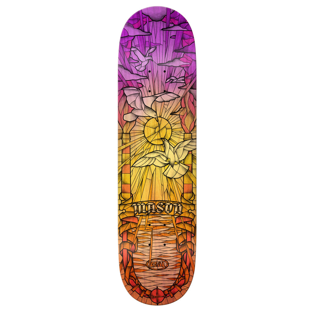 A REAL skateboard with a stained glass design on it.