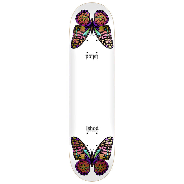 A REAL ISHOD MONARCH TWIN TAIL WHITE skateboard deck with an 8.25" width, featuring a white background adorned with a mirrored butterfly design in vibrant colors and the name "REAL ISHOD" printed twice along the length of the deck.