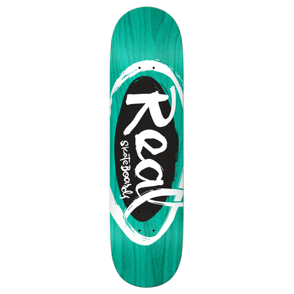 A teal stained skateboard deck with the oval airbrushed  Real logo.