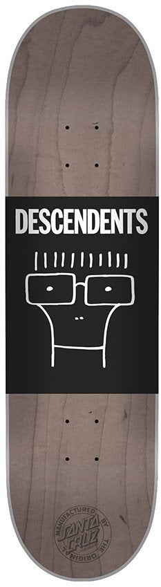 A skateboard deck named "Santa Cruz Descendents Milo Head Deck w/ Free Griptape" featuring the word "DESCENDENTS" and a minimalist face logo with glasses on a black background. The Santa Cruz logo is positioned at the bottom.