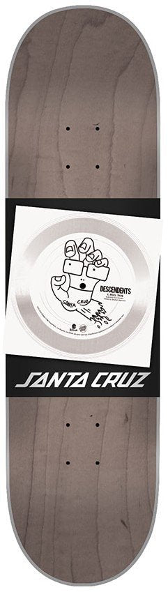 Product Description: The SANTA CRUZ DESCENDENTS MILO HEAD DECK W/ FREE GRIPTAPE features a striking design with the iconic "Santa Cruz" logo printed in white text. At the center of the deck, there is an eye-catching illustration of a hand holding a circular object.