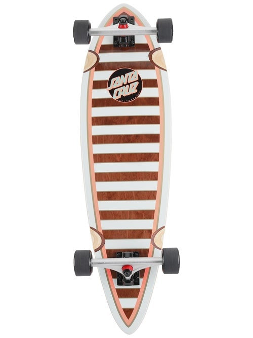A complete cruiser skateboard with white and brown stripes.