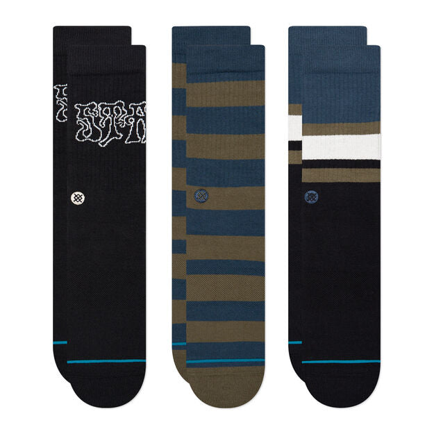 Three STANCE SOCKS BOOSTER 3 PACK BLACK LARGE with different colors and designs by STANCE.