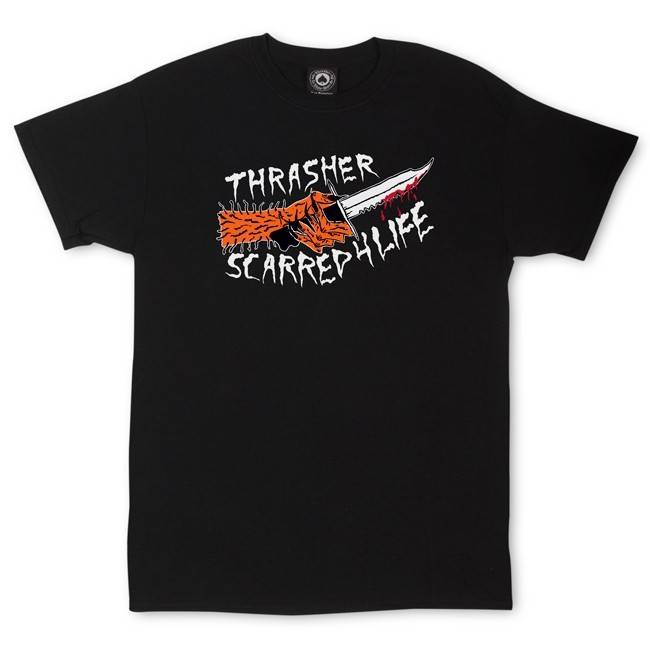 Black THRASHER SCARRED 4 LIFE T-SHIRT with a graphic of a knife and the text "Thrasher Scarred Life" in a stylized, jagged font.