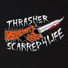 An illustration of a hand gripping a bloody knife with the text "THRASHER Scarred 4 Life" in jagged white letters on a black background, featured on the THRASHER SCARRED 4 LIFE T-SHIRT by THRASHER.