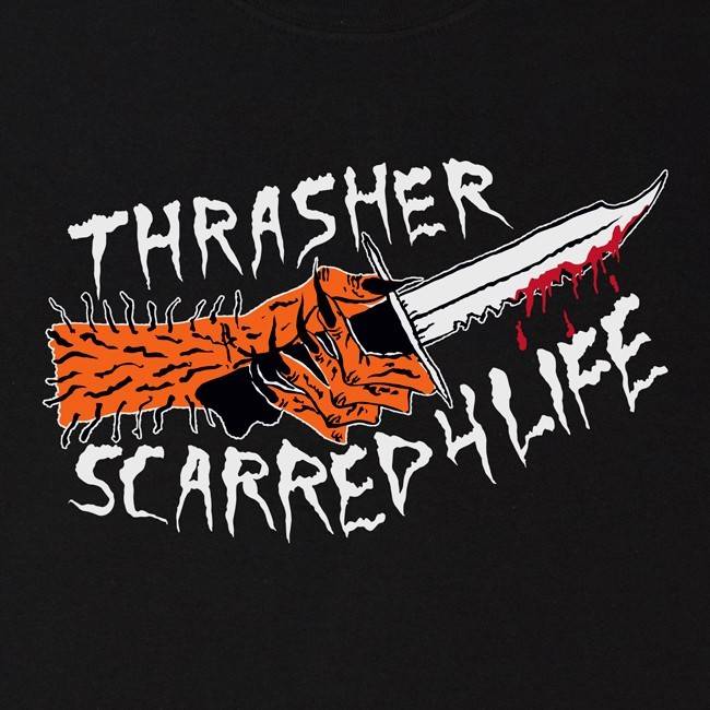 An illustration of a hand gripping a bloody knife with the text "THRASHER Scarred 4 Life" in jagged white letters on a black background, featured on the THRASHER SCARRED 4 LIFE T-SHIRT by THRASHER.