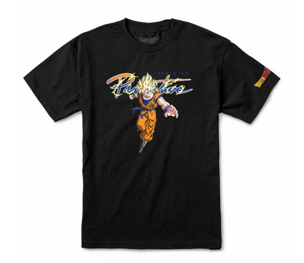 The PRIMITIVE X DRAGONBALL Z NUEVO GOKU SAIYAN TEE in black features a dynamic graphic of Goku with colorful "Final Stand" text across the front. Brand: PRIMITIVE.