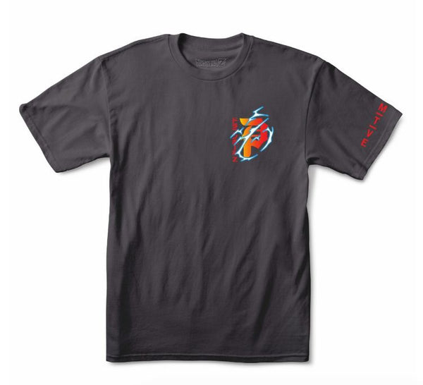 The PRIMITIVE X DRAGONBALL Z DIRTY "P" TEE in charcoal features a small, colorful abstract graphic on the left chest and “NATIVE” in red on the left sleeve.