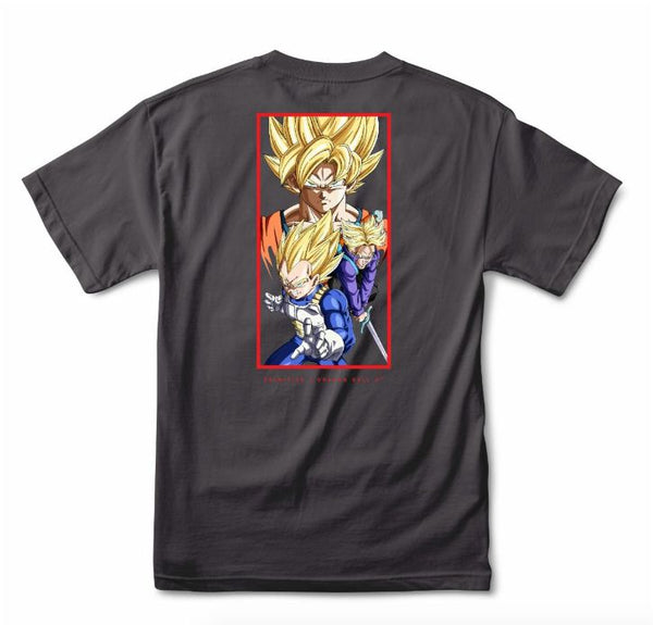 The PRIMITIVE X DRAGONBALL Z DIRTY "P" TEE CHARCOAL features two Super Saiyan characters with yellow hair inside a red rectangle on the back.