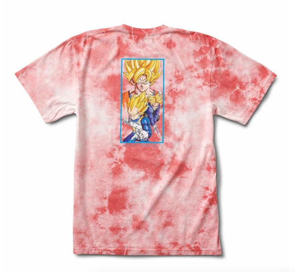 The PRIMITIVE X DRAGONBALL Z DIRTY "P" TEE CORAL WASH is a coral tie-dye shirt featuring two Super Saiyan characters from Dragon Ball Z on the back.