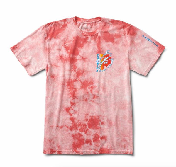 The PRIMITIVE X DRAGONBALL Z DIRTY "P" TEE CORAL WASH features a red and white tie-dye design, a small blue and orange graphic on the left chest, and blue text on the right sleeve.