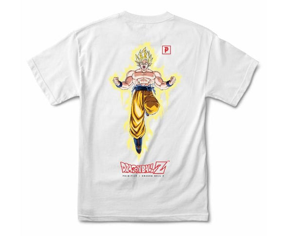 The PRIMITIVE X DBZ GOKU POWER UP T-SHIRT WHITE by PRIMITIVE features a Super Saiyan Goku illustration on the front and the Dragon Ball Z logo on the back.