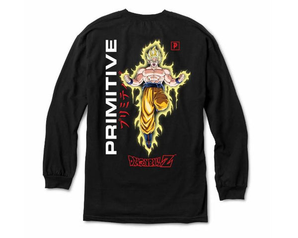 The PRIMITIVE X DBZ GOKU POWER UP LS BLACK is a black long-sleeve shirt by PRIMITIVE, featuring Super Saiyan Goku, "PRIMITIVE" and Japanese text on the left, plus the Dragon Ball Z logo at the bottom.