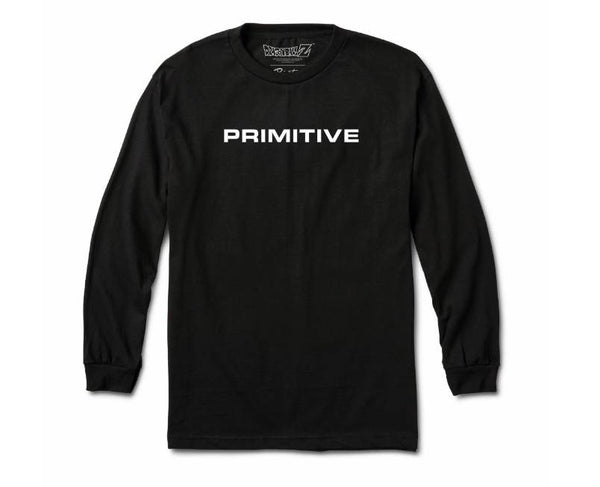 The PRIMITIVE X DBZ GOKU POWER UP LS BLACK is a black long-sleeve t-shirt by PRIMITIVE featuring bold "PRIMITIVE" lettering across the chest.