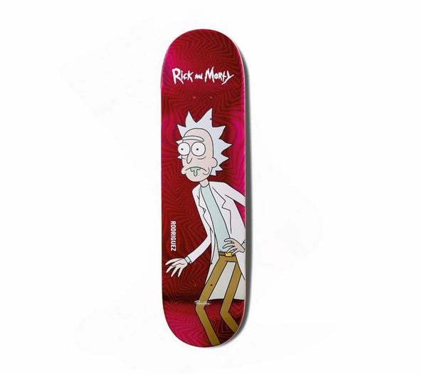 The PRIMITIVE X RICK & MORTY RODRIGUEZ RICK skateboard deck features Rick on a red background with the show’s logo, available in 8.0 and 8.25 sizes.