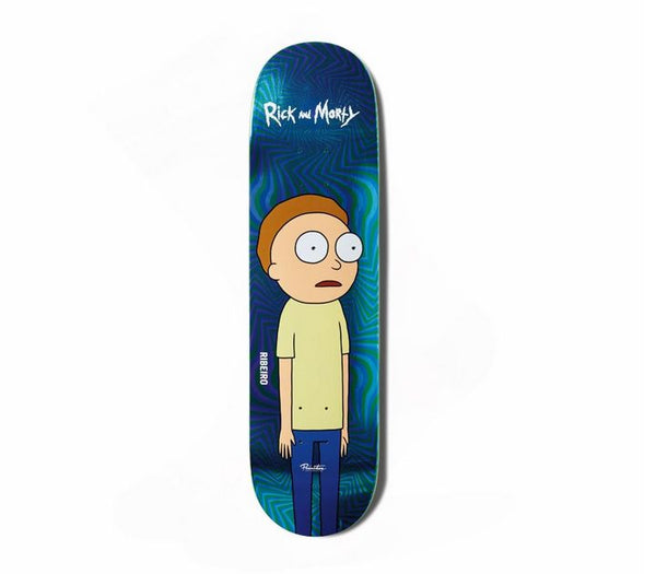 The PRIMITIVE X RICK & MORTY RIBEIRO MORTY skateboard deck features a cartoon Morty on a blue patterned background with the Rick and Morty logo, available in various sizes.