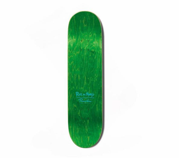 The PRIMITIVE X RICK & MORTY RIBEIRO MORTY skateboard deck features a green wood finish, sizes 8.0 or 8.1, and blue "Rick and Morty" and "Primitive" logos printed at the center.