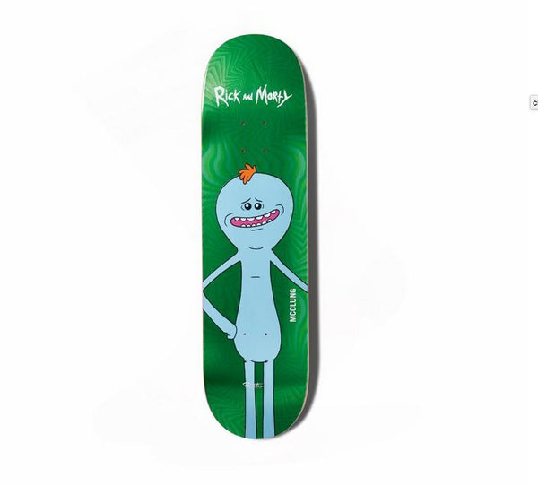 The PRIMITIVE x Rick & Morty McClung Mr. Meeseeks skateboard deck features a green design with Mr. Meeseeks and the show's logo, available in various sizes.
