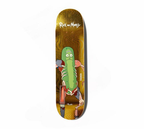 The PRIMITIVE X RICK & MORTY TUCKER PICKLE RICK skateboard deck features Pickle Rick with mechanical limbs on a brown background. Available in various sizes, this deck is part of the Primitive and Rick & Morty collaboration.
