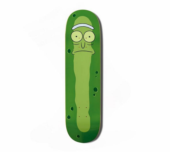 The PRIMITIVE X RICK & MORTY PICKLE RICK skateboard deck features Pickle Rick with glasses and a white cap on a clean white background, available in various sizes from PRIMITIVE.