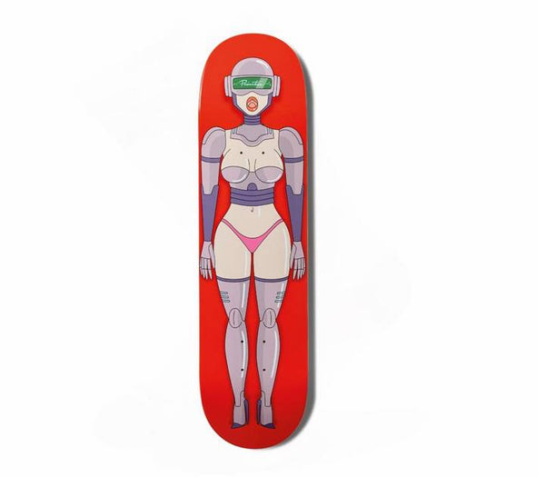 The PRIMITIVE X RICK & MORTY GWENDOLYN skateboard deck features a stylized female robot in a bikini on a vivid red background with green visor glasses and gray and purple details. Available in various sizes from PRIMITIVE.