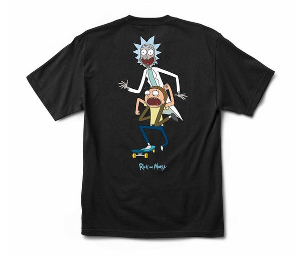 The PRIMITIVE X RICK & MORTY CLASSIC P T-SHIRT BLACK by PRIMITIVE features Rick (surprised) and Morty (panicked) cartoon characters on the back with the "Rick and Morty" logo beneath the image.
