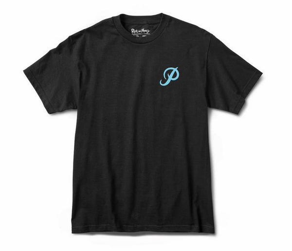 The PRIMITIVE X RICK & MORTY CLASSIC P T-SHIRT BLACK is a short-sleeve black tee featuring a small blue stylized "P" on the left chest.