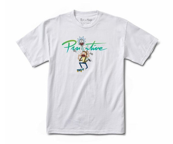 The PRIMITIVE X RICK & MORTY NUEVO T-SHIRT WHITE by PRIMITIVE features Rick holding a skateboard, with "Primitive" in bold script above the illustration.