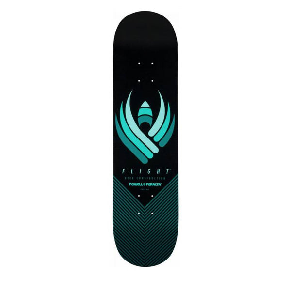 A POWELL PERALTA FLIGHT DECK 8.0 skateboard with a black and turquoise design.