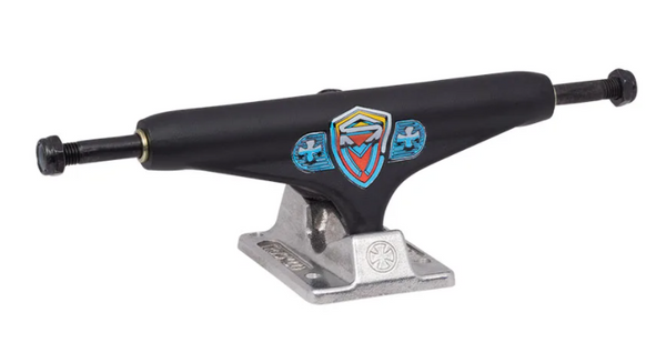 A black skateboard truck with the INDEPENDENT 144 SK8MAFIA BLK/SILVER (SET OF TWO) logo on it.