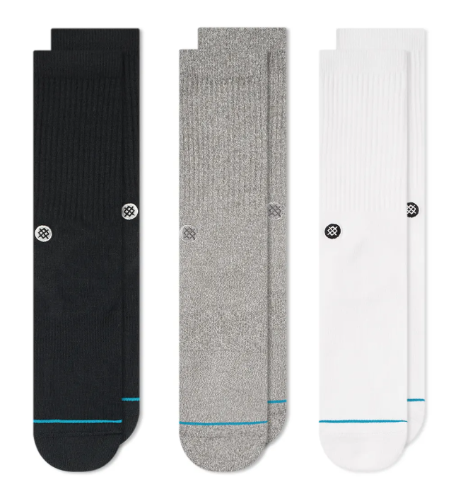 Three packs of STANCE SOCKS ICON 3 PACK MULTI LARGE sitting next to each other.