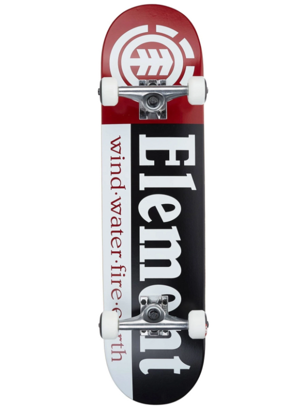 A skateboard complete that says Element with the logo and the words "wind, water, fire, earth".